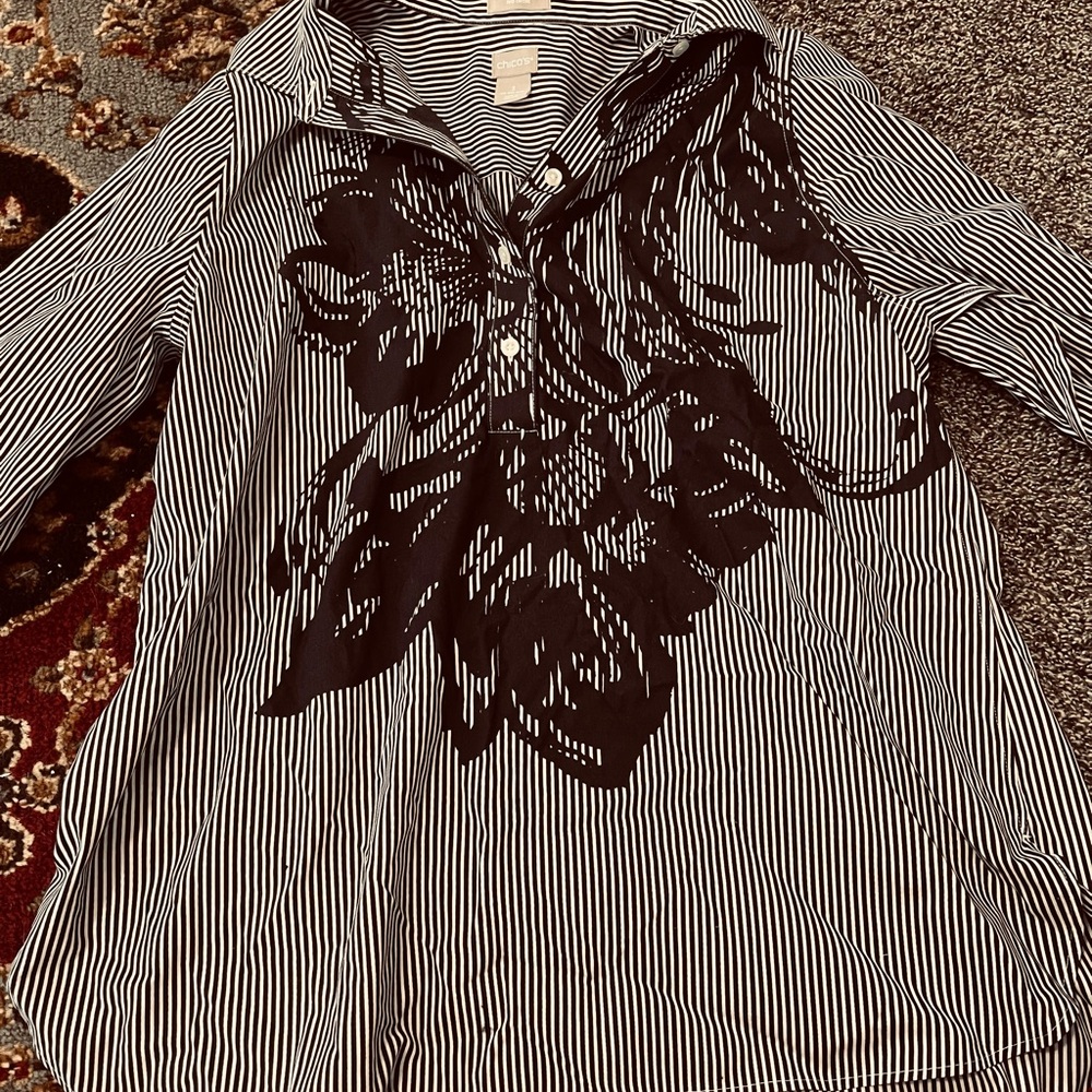 Chico's Monochrome Striped Button Down with Black Floral Accent